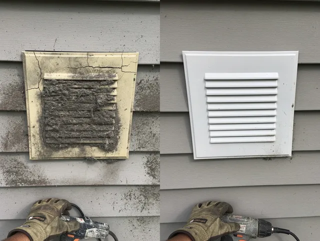 Windsor Dryer Vent Cleaning technician installing high-quality dryer vent cover at a residential property in Windsor